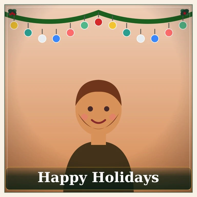 Illustrated bearded man on a red-and-green card with an ornament garland reading Happy Holidays