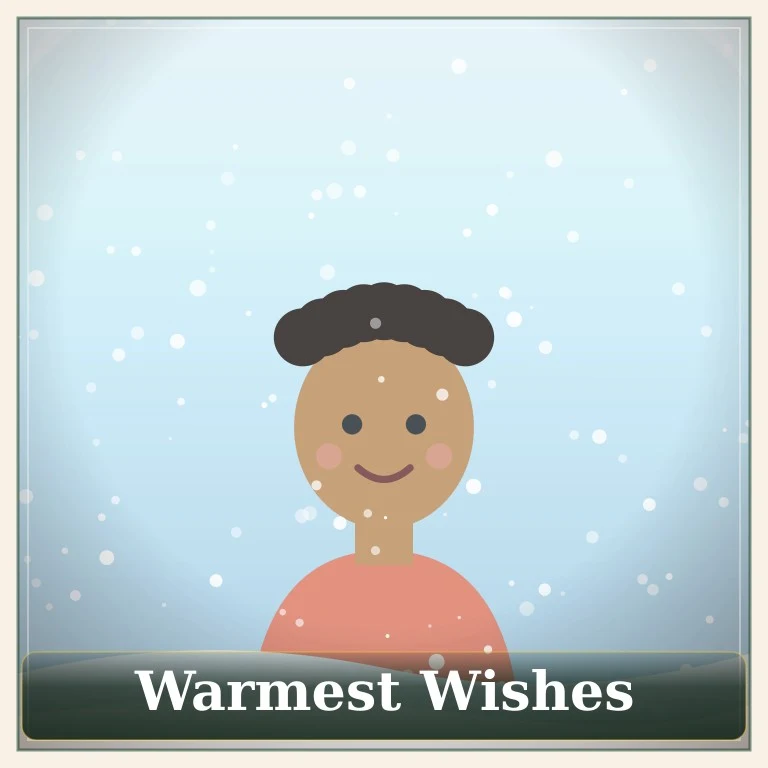 Illustrated woman with curly hair in falling snow on a card reading Warmest Wishes