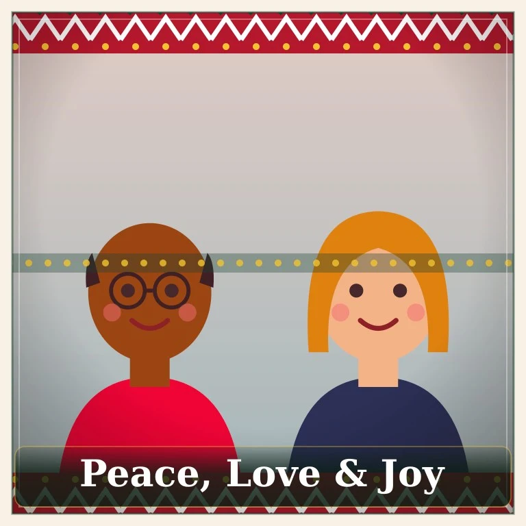 Two illustrated friends framed by an ugly-sweater knit border reading Peace, Love & Joy