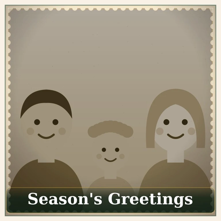 Illustrated family of three on a sepia vintage Christmas card reading Season's Greetings