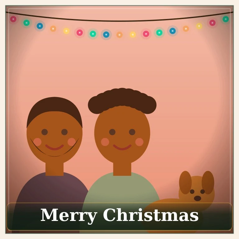 Illustrated couple and their dog under warm string lights in the Cozy Fireplace style
