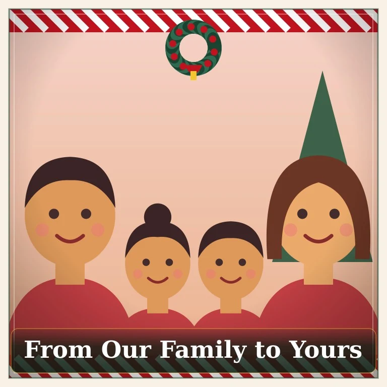 Illustrated family of four in front of a Christmas tree with a red plaid border and the greeting From Our Family to Yours