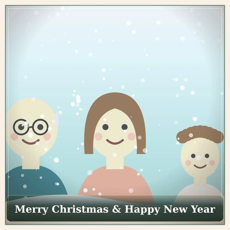 Illustrated grandfather, mother and child in falling snow with the greeting Merry Christmas & Happy New Year
