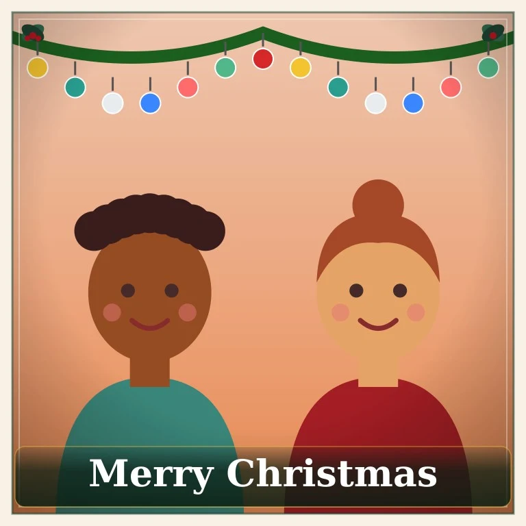 Illustrated couple, before and after the Classic Card style with an ornament garland (after)