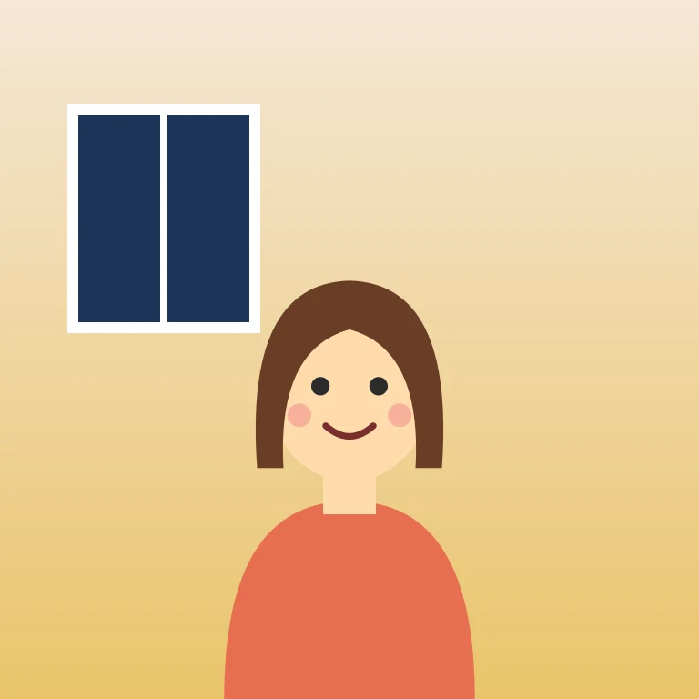 Illustrated woman with long brown hair, before and after the Cozy Fireplace style with string lights (before)