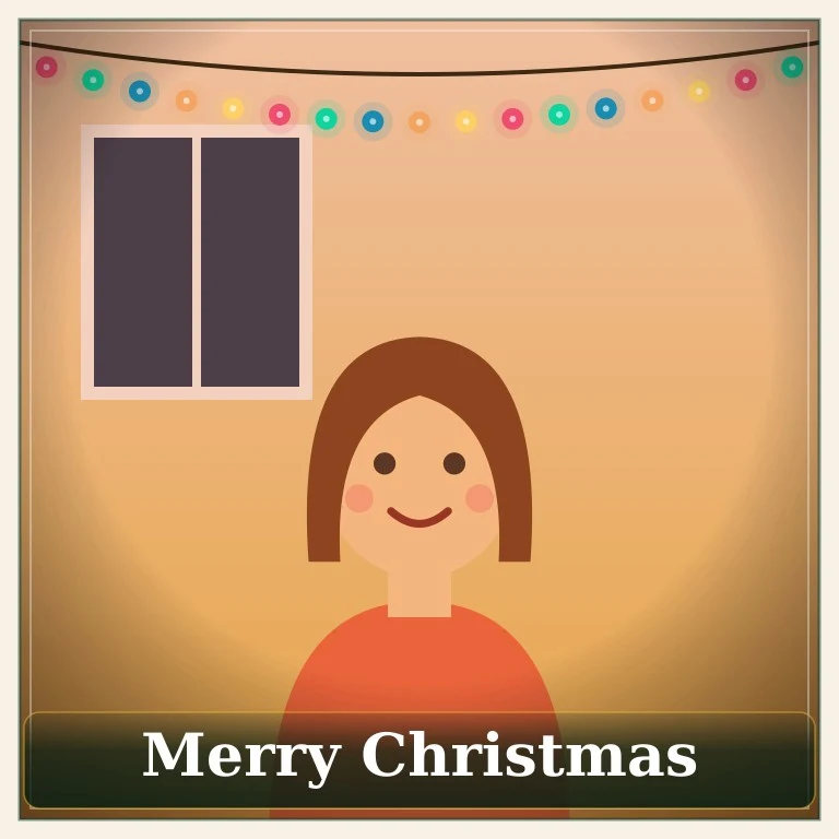 Illustrated woman with long brown hair, before and after the Cozy Fireplace style with string lights (after)