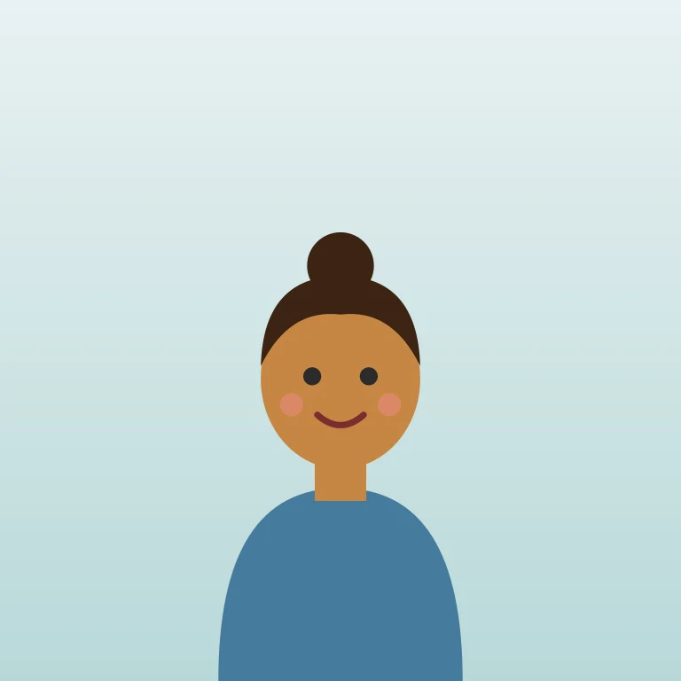 Illustrated woman with a bun, before and after the Ugly Sweater style with a knit border (before)