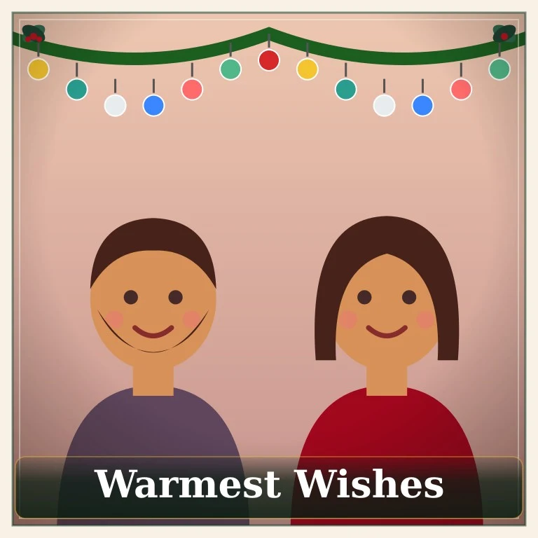 Illustrated couple with an ornament garland and the greeting Warmest Wishes, Classic Card style