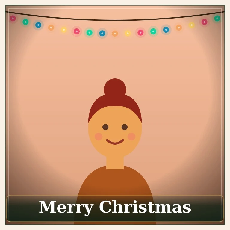 Illustrated woman with a bun under warm string lights, Cozy Fireplace style