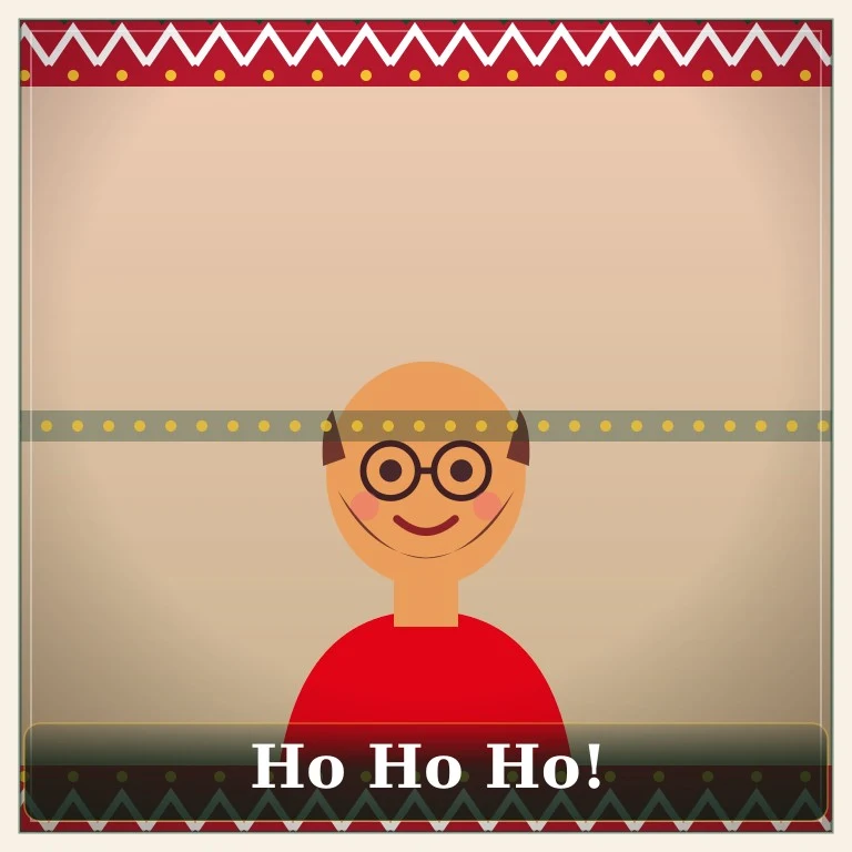 Illustrated bald man with glasses and beard framed by an ugly-sweater knit border with the greeting Ho Ho Ho