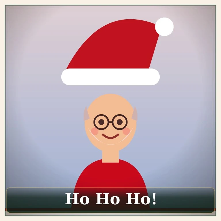 Illustrated grandfather with glasses wearing a red Santa hat, greeting Ho Ho Ho