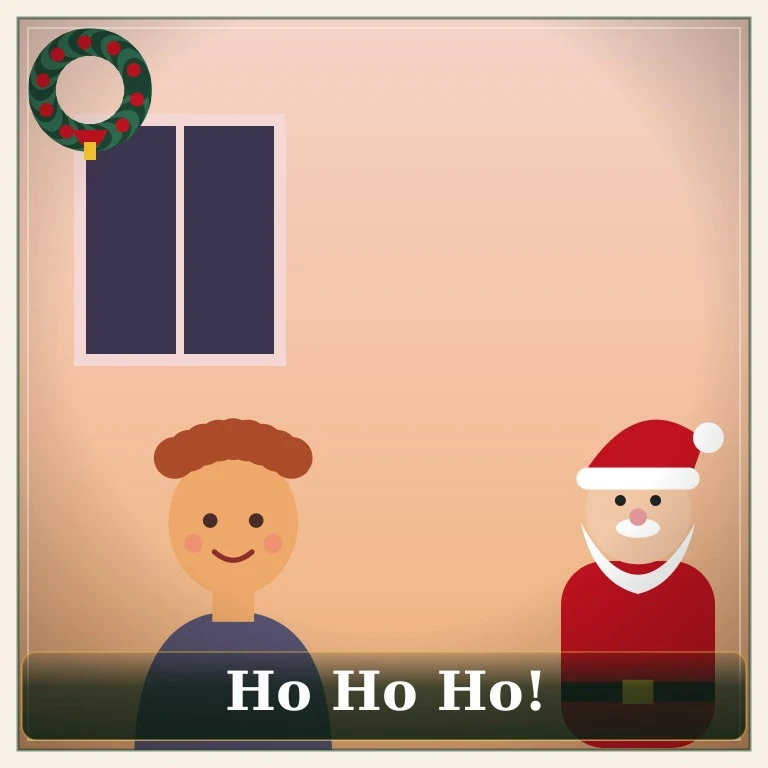 Illustrated child standing next to a cartoon Santa Claus with the greeting Ho Ho Ho
