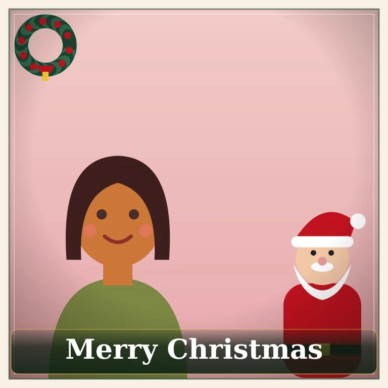 Illustrated woman with long black hair posing next to a cartoon Santa Claus